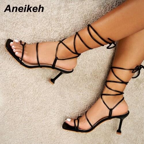 Aneikeh 2021NEW Summer Women Shoes Party Open PU Fashion Thong Sandalias Riband Cross-Tied Ankle Strap Solid Rome Butterfly-Knot