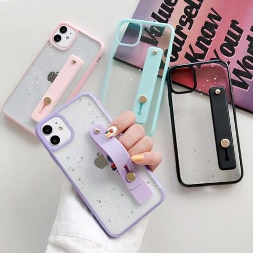 Glitter Transparent Stars Phone Case For iPhone 11 Pro Max XR XS Max X 7 8 Plus 11Pro Soft Silicone Wrist Strap Stand Back Cover