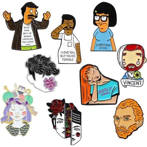 Art Self-Portrait Misplaced Sculpture Brooch Bob Tina Cartoon Character Van Gogh Barber Tools Queen T-shirt Backpack Badge Gifts