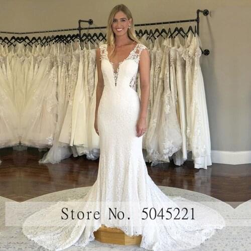 Elegant Lace Applique Mermaid Wedding Dresses 2020 Sheer Neck Back Illusion Bridal Gowns Sweep Train Bride Dress вечернее платье