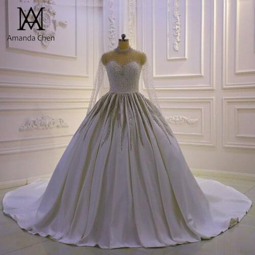 Robe de mariee sirene High Neck Long Sleeve Pearls Wedding Dress