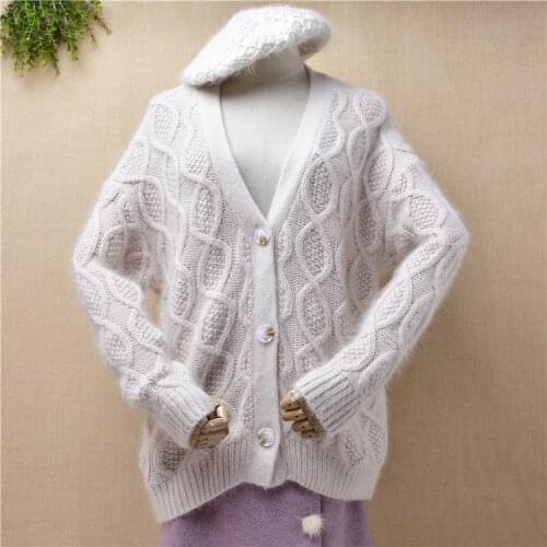 Ladies women fashion winter thick warm v-neck angora rabbit fur knitwear long sleeves loose cardigans jacket coat sweater pull