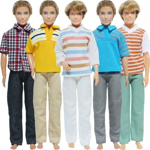 Fashion 5 Set Doll Outfit Shirt Trousers Classic Plaid Striped Tops Pants Accessories Clothes for Barbie Doll Friend for Ken Toy