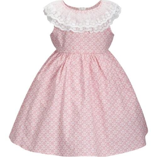 Cindy&Nancy New Summer Girls Cute Pink Blue Floral Printed Lace O-neck Sleeveless 1-6yrs Cotton Woven Princess Casual Dresses