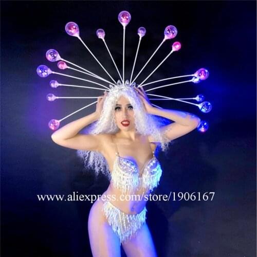 Fashion Party Evening Dress Led Luminous Headwear Masquerade Cosplay DS Stage Clothes White Sexy Bikini Ballroom Costumes