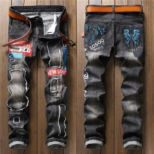 Men’s street fashion ripped scratched denim pants hole patched embroidery casual jeans luxury men pants jeans classic gray pants