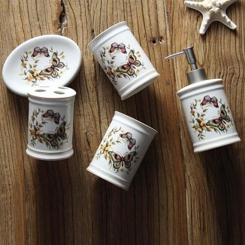 Nordic gargle cup set sanitary ware bathroom suite ceramic wash and butterfly flower five piece set. LO88221