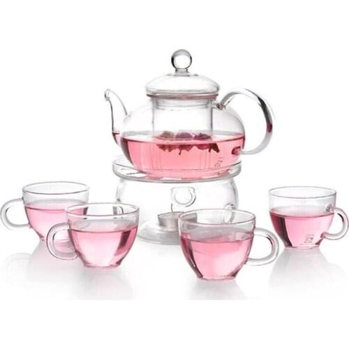 6pcs/set Volume=800ml Transparent Glass Teapot Set Crystal Warm Keeping Holder Saucer 80ml Handle Cup Plate