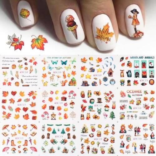 12pcs Autumn Leaves Water Transfer Stickers Nails Art Yellow Maple Animal Decals Polish Slider DIY Decoration JIBN1669-1680