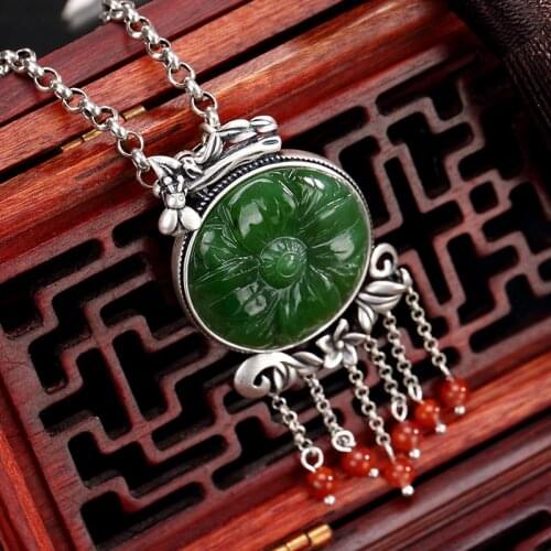 Silver inlay hetian jade jade lotus restoring ancient ways tassel female wholesale high-grade sweater chain pendant
