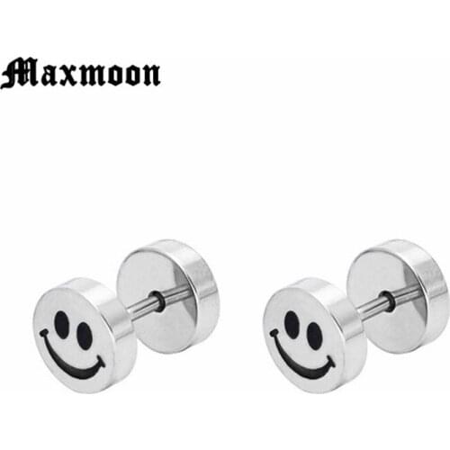 Maxmoon Smile face White Black titanium steel Punk Men Screw Back (pierced) stud earrings No fade
