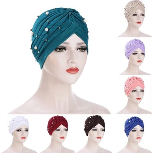 Fashion solid Color Pearl Muslim Turban Scarf Women Islamic Inner Hijab Caps Arab wrap Head wrap femme musulman turbante mujer