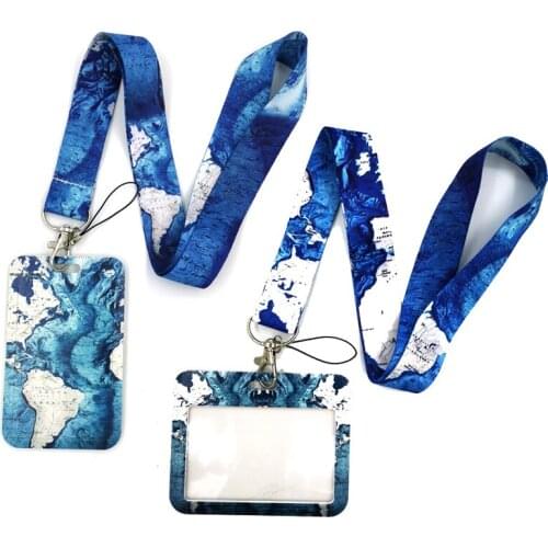 Blue World Map Fashion Lanyard ID Badge Holder Bus Pass Case Cover Slip Bank Credit Card Holder Strap Card Holder