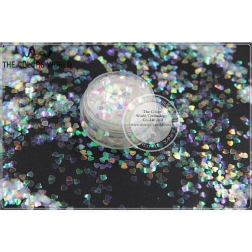 TCR22 Heart Shape 3MM size Iridescent white with colorful light Color glitter sparklesfor Nail Art and DIY supplies1pack=50g