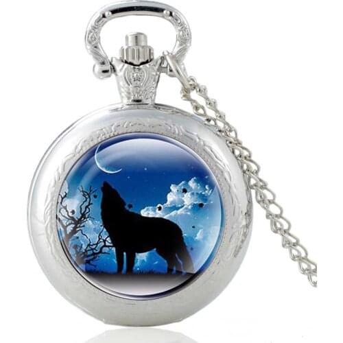 Unique Charm Wolf Pattern Glass Cabochon Quartz Vintage Pocket Watch Men Women Pendant Necklace Chain Hours Clock