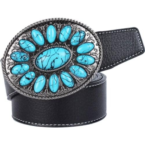 Western Cowboy Leather Belt With Vintage Turquoise Oval Buckle