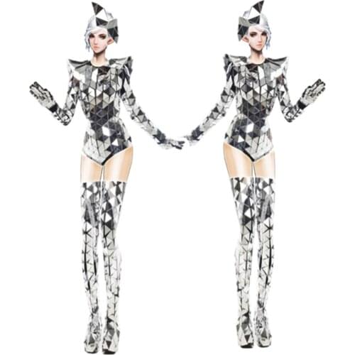 Stage show mirrors women dance wear Party girl women Silver mirror performance costume