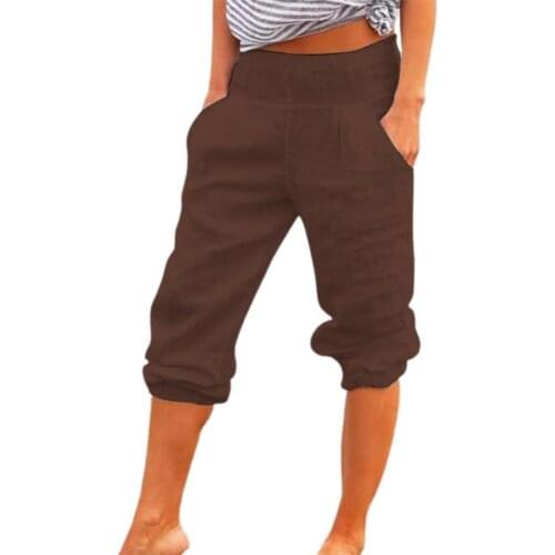 Plus Size Casual Women Capri Pants Casual Pockets Solid Color High Waist Loose 3/4 Trousers Daily Life Woman Pants