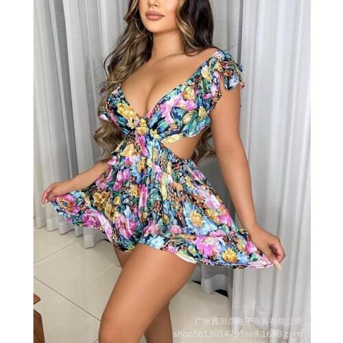 V Neck Corset Romper Flare Shorts Womens Sexy Floral Print Hollow Out Playsuit Ladies Fashion Sleeveless