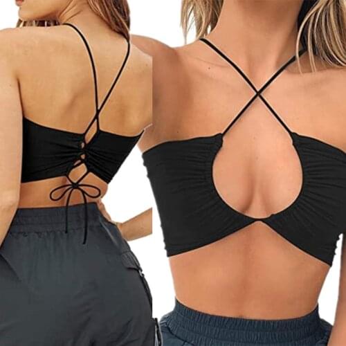 Women Sexy Halter Bandage Crop Top Cutout Ruched Crisscross Bustier Camisole