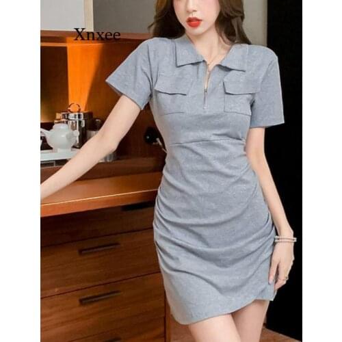 2021 Summer Polo Mini Dress Fashion Black Chic Dresses for Women Casual Collect Waist Folds Short Sleeve Femme Slim Korean Robe