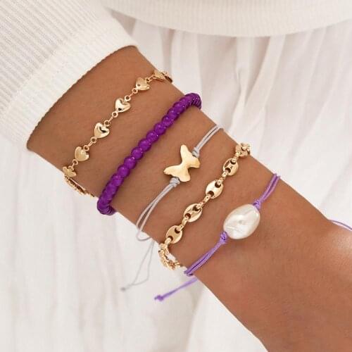 5pcs/lot Bohemian Simple Butterfly Heart Bracelet Women Dreamy Purple Round Bead Wristband Summer Beach Trend Jewelry