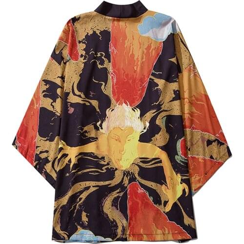 64# Mens Kimono Cardigan Blouse Shirt Summer Spring Casual Loose Open Front 3/4 Sleeve Japanese Style Print Cover Up Cardigan