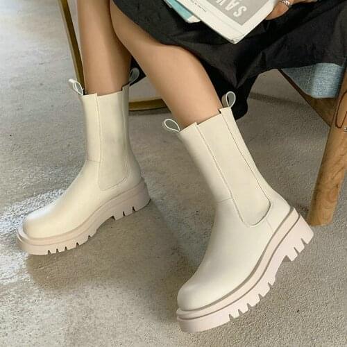 Comfortable Winter Women Chelsea Boots Fashion Ankle Boots Spring Autumn Ladies Thick Soled Martin Boots Beige Black Brown Shoes
