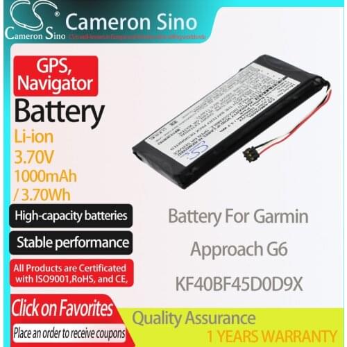 CameronSino Battery for Garmin Approach G6 fits Garmin KF40BF45D0D9X GPS, Navigator battery 1000mAh/3.70Wh 3.70V Li-ion Black