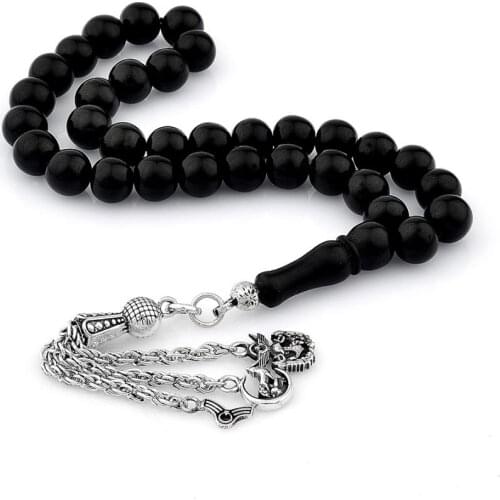 Natural Jet Stone Prayer Bead With Silver Tassel Men Rosary Islamic Tasbih With Turkish Tassel 925 Sterling Silver