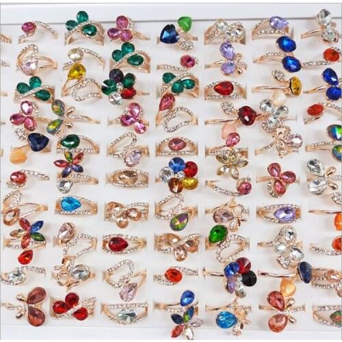 Women girls glass crystal butterfly flowers ring Micro diamond inlay golden cocktail ring,jewelry gift