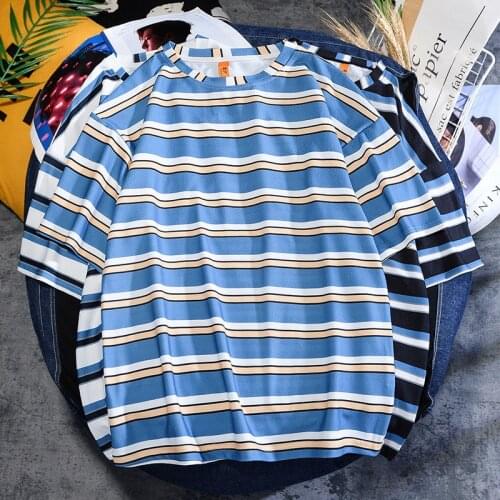 Men Vintage Striped Short Sleeve Tshirts 2021 Summer New Fashion Harajuku Mens Oversized O Collared T Shirts Tops Ropa Hombre
