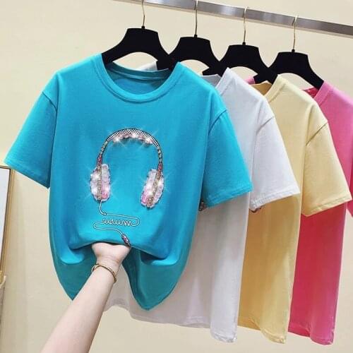 2021 Cotton Summer Tees Tops Beading Woman Plus Size Short Sleeve Oversized T shirt Big Girls Clothing Tshirt Pink Blue Yellow