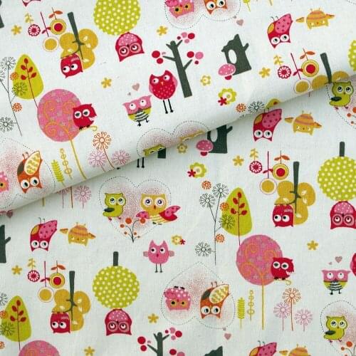 Cotton Linen Fabric for handmad, bed, bag, curtain Sewing - Owls, Leaf, Flowr, Tree,Heart (pink) (LF019)