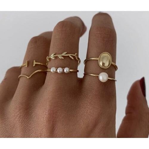 Gold color Retro Knuckle Rings For Women Vintage Geometric leaf pearl cute Ring Set Party Bohemian Jewelry 6 PCS/Set