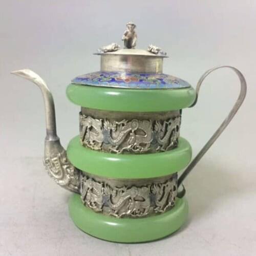 Collectible CHINA TIBET SIVER HANDWORK DRAGON OLD GREEN JADE TEAPOT decoration metal handicraft