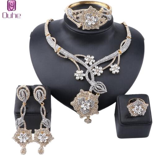 Luxury Nigerian Women Wedding Jewelry Sets Rhinestone Crystal Necklace Earrings Bangle Bridal Dubai Gold Color Jewelry Set