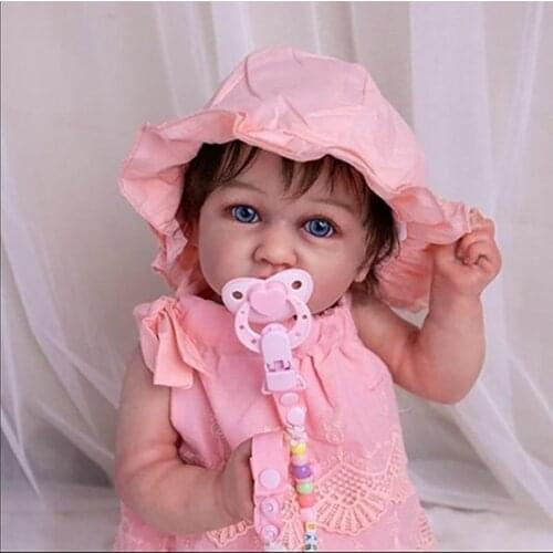 22Inch 56cm Full Silicone Reborn Baby Dolls Crooked Mouth Blue Eyes Brown Hair Pink Hat Baby Reborn Bath Toys Birthday Gifts