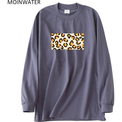 MOINWATER Women New Leopard Print Long Sleeve Tshirts Lady Streetwear Dark Grey Cotton Thick Tees Tops for Autumn Spring MLT2115