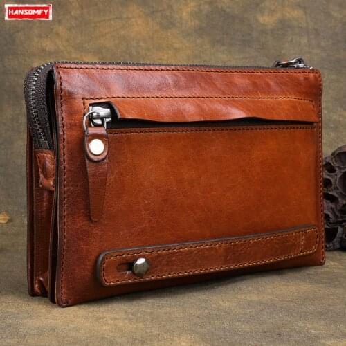 Handmade Men Long Casual Large Capacity Handbag Multi Card Holder Clutch Bags First Layer Cowhide Retro Original Vintage Soft