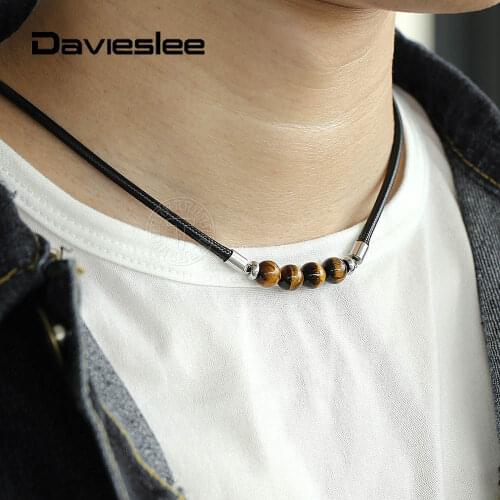 Mens 8mm Natural Tiger Eye Stone Bead Charm Black Leather Cord Choker Necklace for Women 18" Fashion Jewelry Gifts DDN125