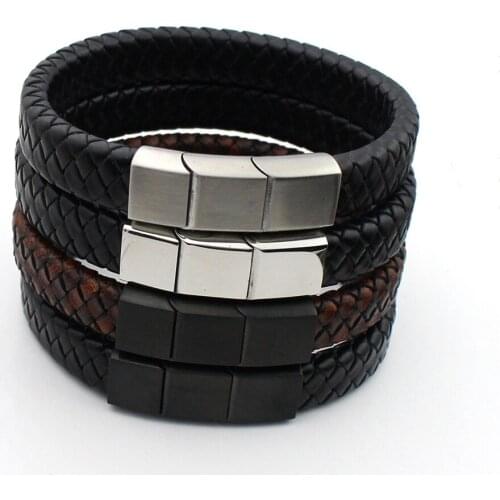 Men 12MM Wide Black Brown Simple Braided Genuine Leather Bracelet Never Fade 316l Stainless steel Square Adjustable Magnet Clasp