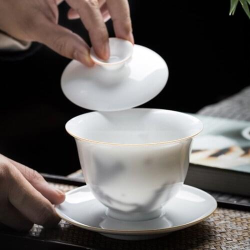 White porcelain Sancai tea cup set family thin tire Dehua Ceramic large kungfu tea bowl single not hot