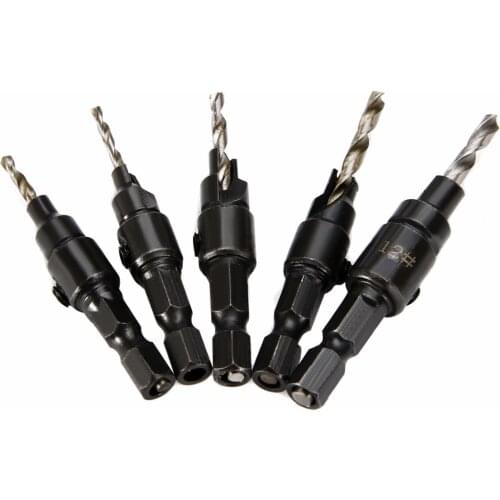 5pcs Durable Countersink Drill Bits Set #5 #6 #8 #10 #12 + Hex Shank for WoodworkingDrilling Pilot Holes Tools