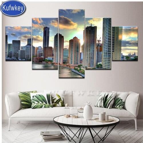 Wall painting rhinestones,diamond mosaic sets scenery 3d diy Embroidery 5 Pcs diamond painting "City Building" for living room