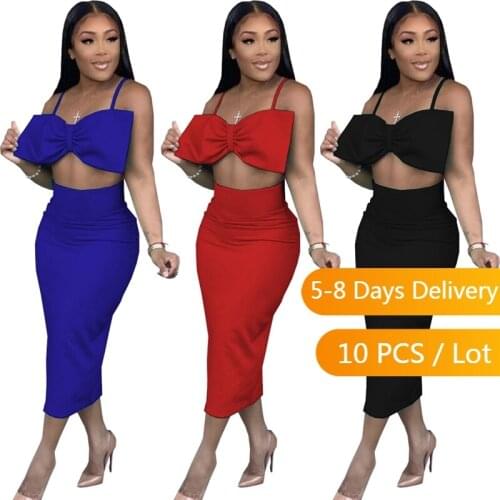 Wholesale Clothes Women Summer Sexy Two Piece Set Clubwear Bow Crop Top and Split Midi Skirt Set Solid Black Bandage Dress Sets