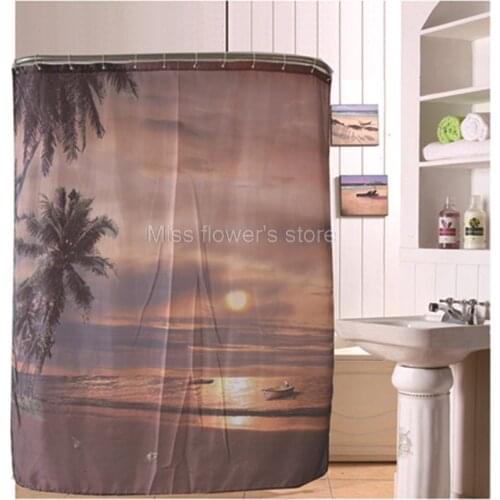 Sandy Beach Sunset Scenery Design Shower Curtain Bathroom Waterproof Mildewproof Polyester Fabric With 12 Hooks 180cm*180cm