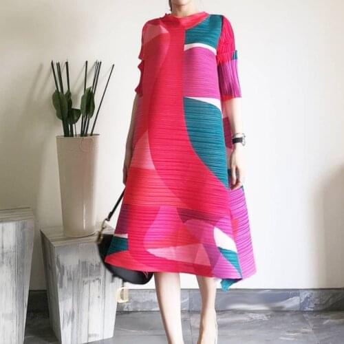 Plus Size Dress For Women 45-75kg Spring Autumn 2020 New Stand Collar Printed Loose A-Line Elastic Miyake Pleated Dresses Midi