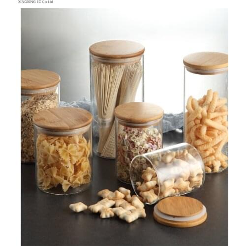 Transparent glass storage tank food glass container kitchen food tea sealed cans snacks storage bottles bamboo wooden frame