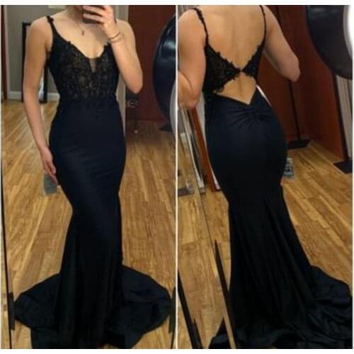 Sexy V-Neck Long Lace Evening Dresses Spaghetti Straps Floor Length Open Back Formal Party Dress for Women
